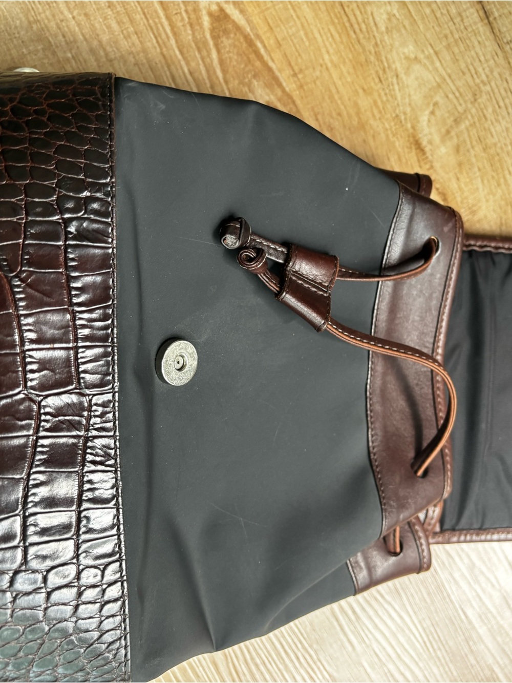Brighton Vintage Black and Dark Brown Croc-Embossed Leather Backpack - Picture 10 of 12